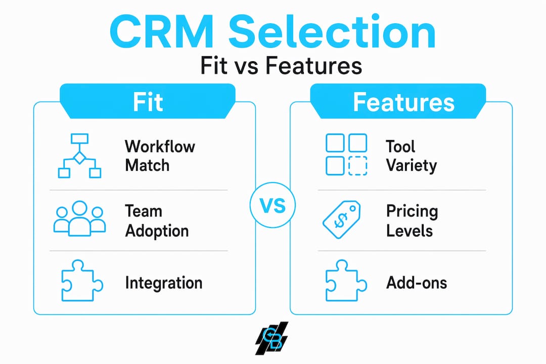Infographic comparing CRM fit versus features
