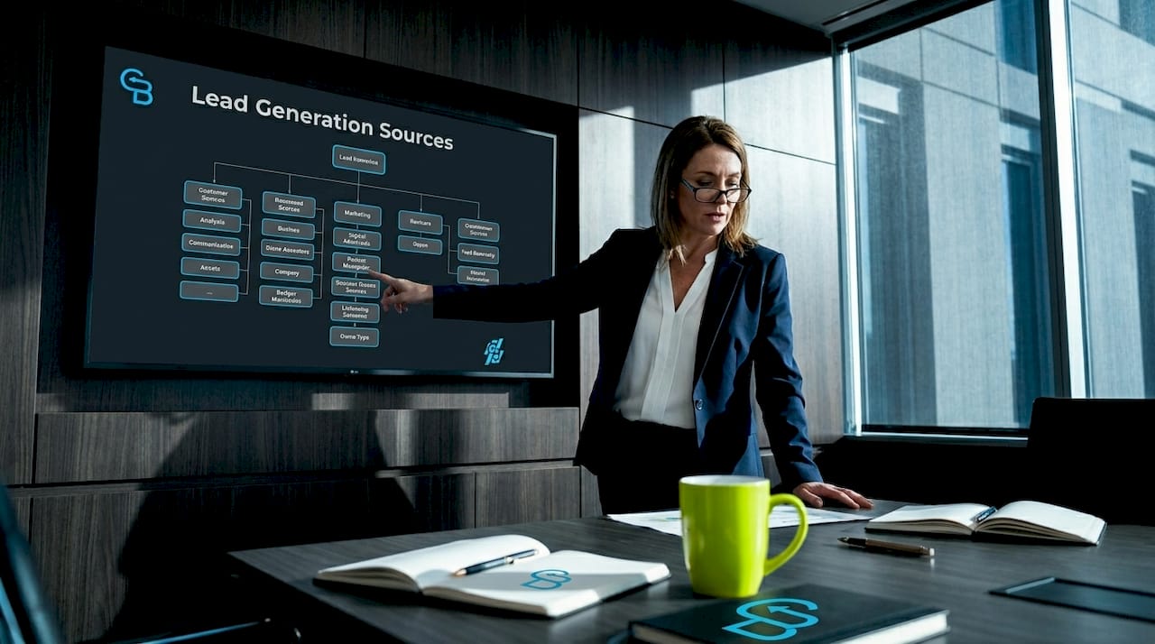 Advisor explaining lead generation overview on whiteboard