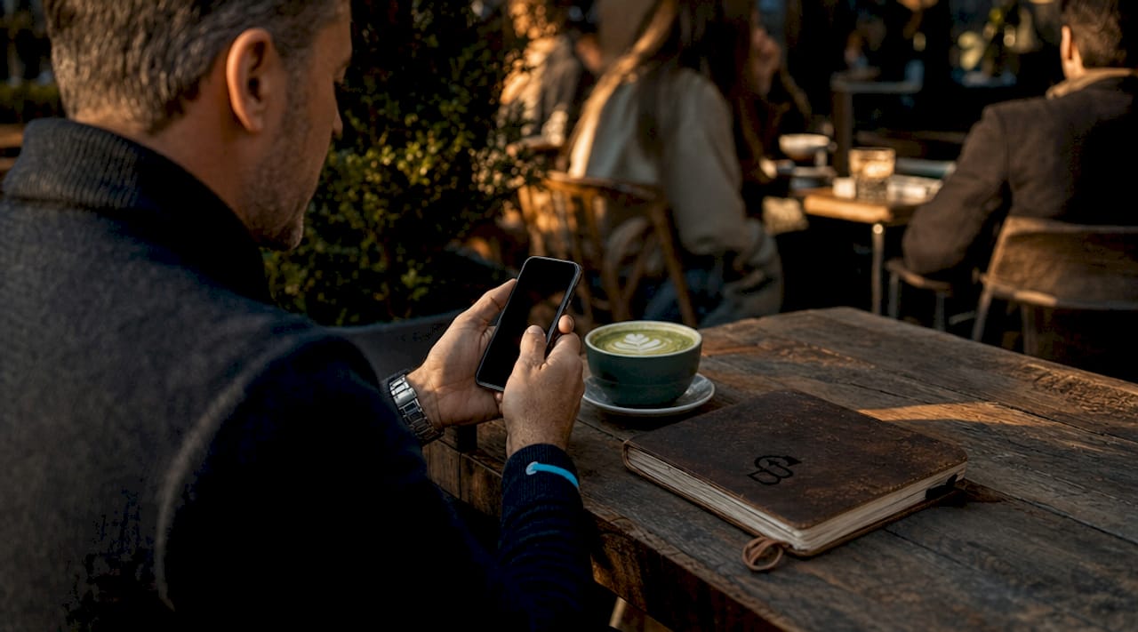 Hands scrolling mobile CRM app in coffee shop