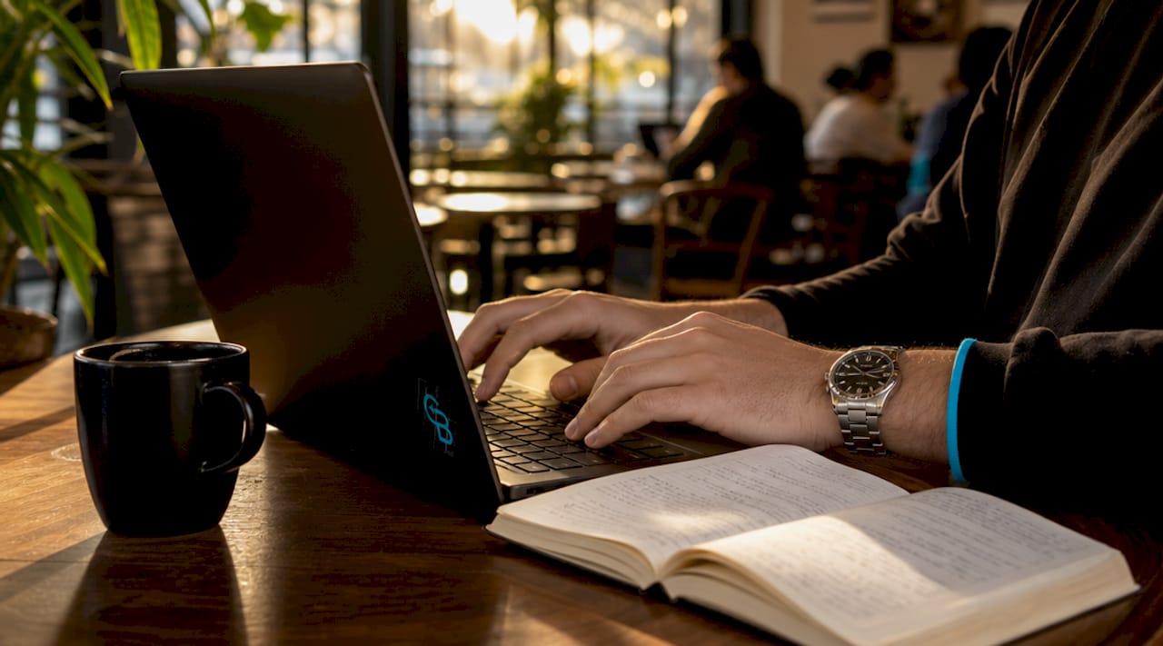 Hands typing on laptop in bright co-working space