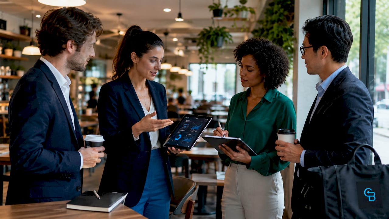 Insurance team collaborating with AI tools in meeting