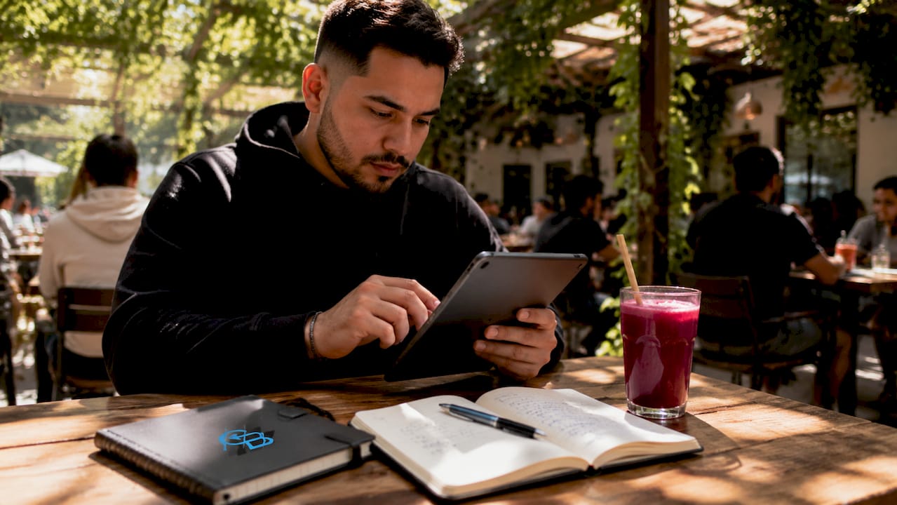 Hands scrolling a tablet with content calendar at coffee shop