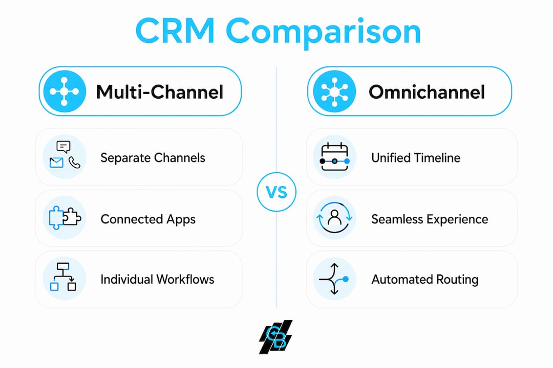 Infographic comparing multi-channel and omnichannel CRM features