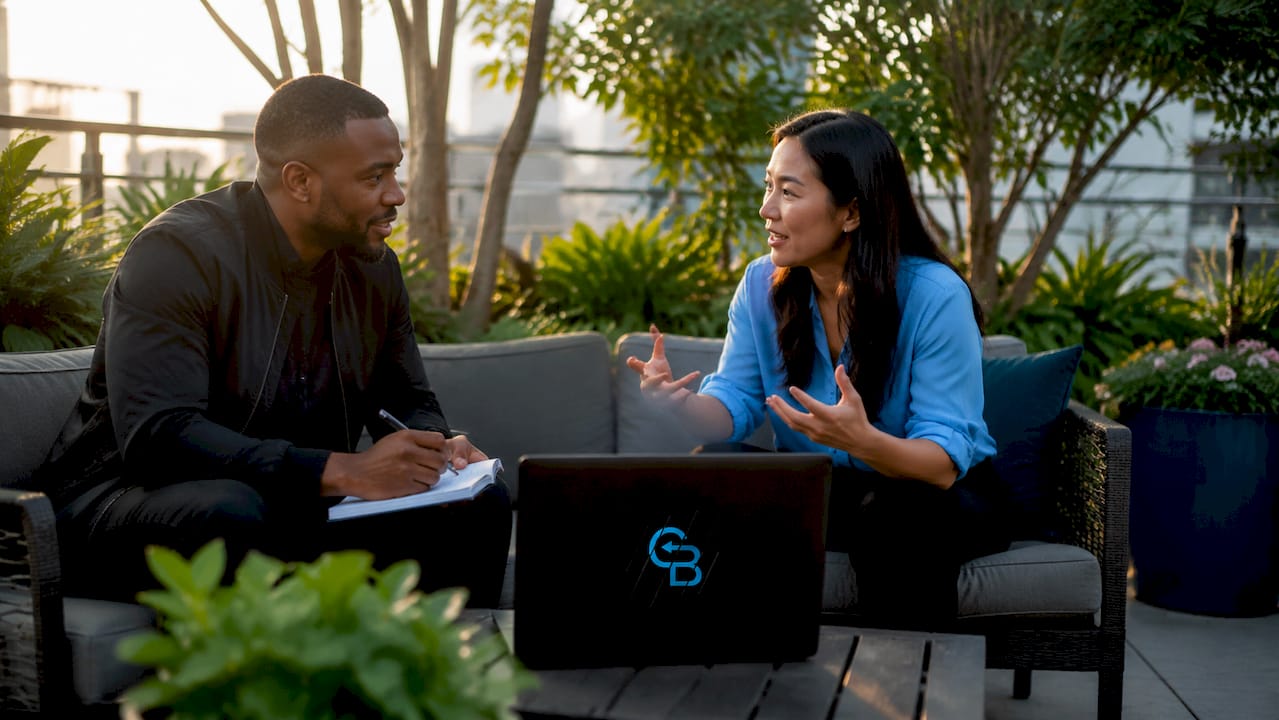 Two professionals discussing chatbot technologies