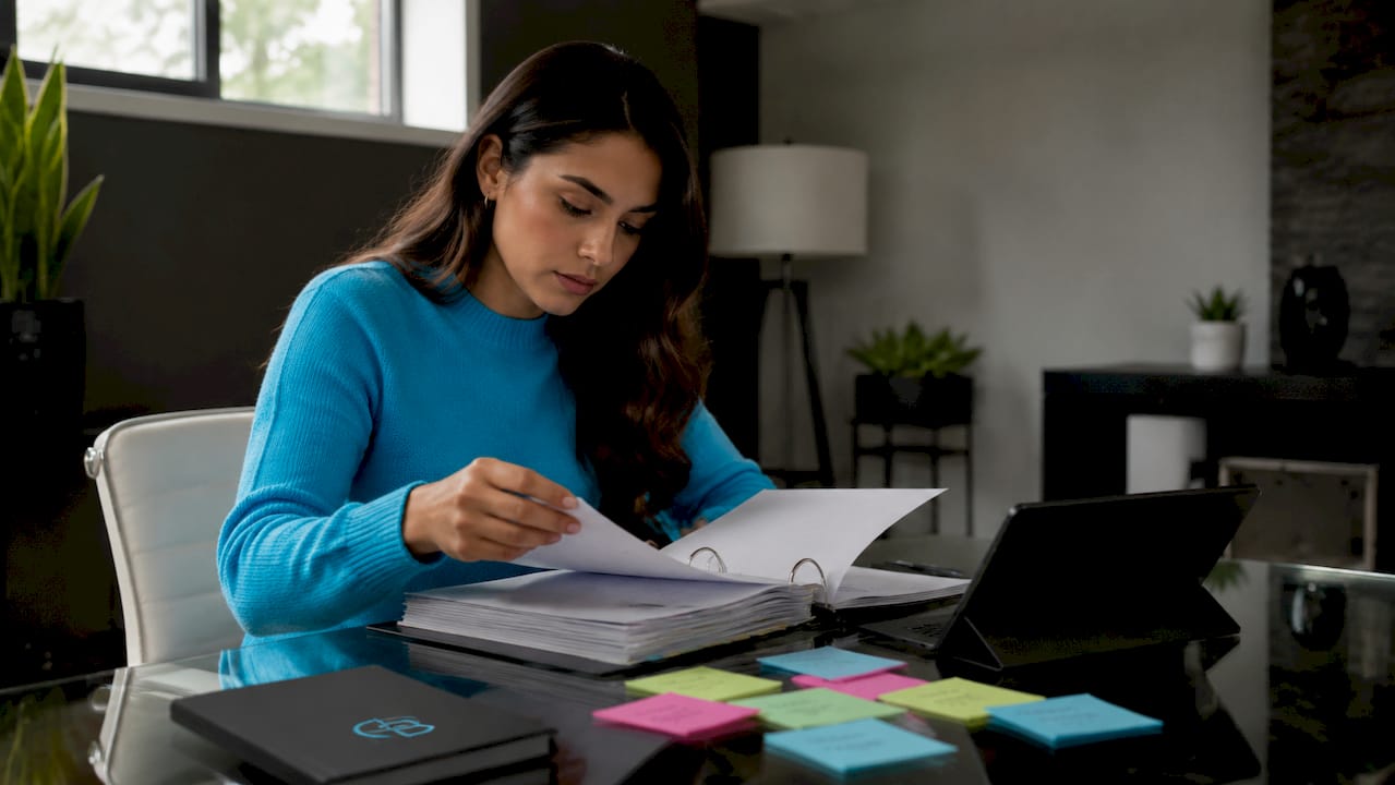 Hands organizing insurance leads binder