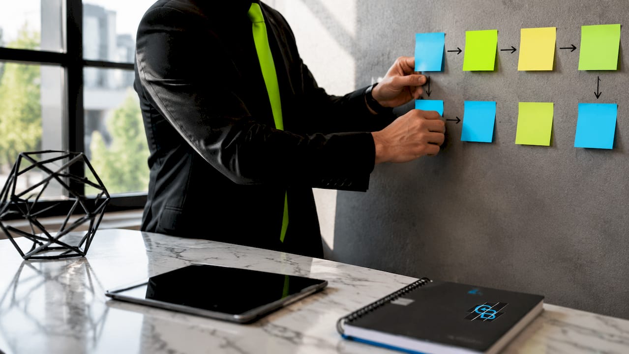 Hands organizing lead lifecycle stage sticky notes