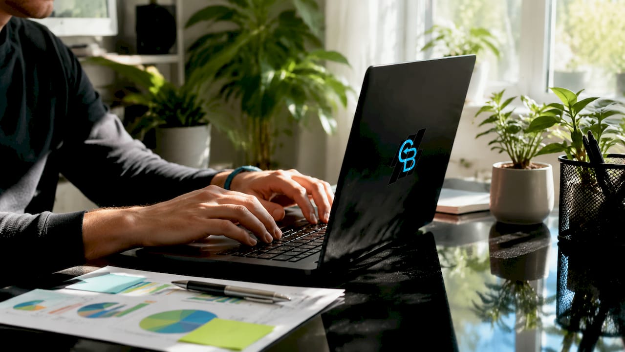 Hands typing on laptop setting tracking parameters