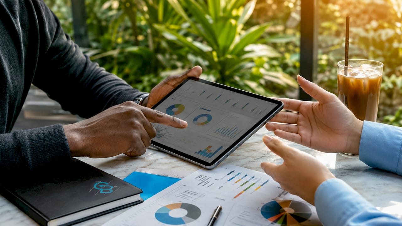 Hands collaborating on advertising automation workflow