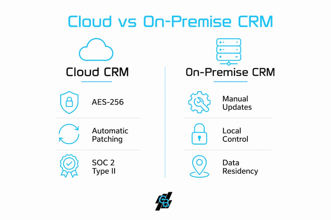 Infographic comparing cloud and on-premise CRM security features