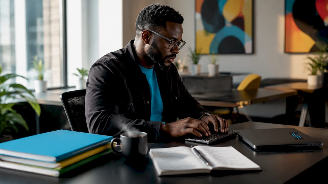 Hands typing on keyboard in marketing home office