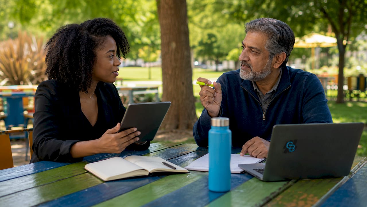Two marketers discussing SMS automation benefits