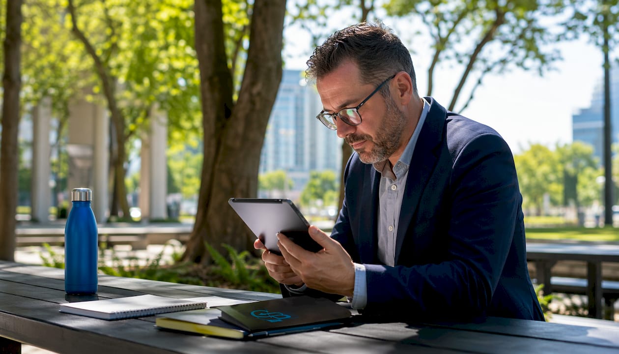 Insurance agent examining productivity tool features