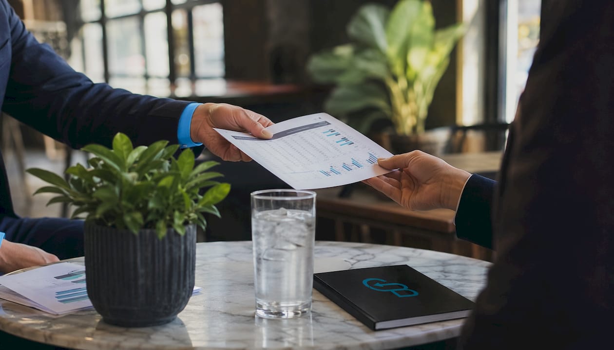 Hands exchanging insurance lead reports