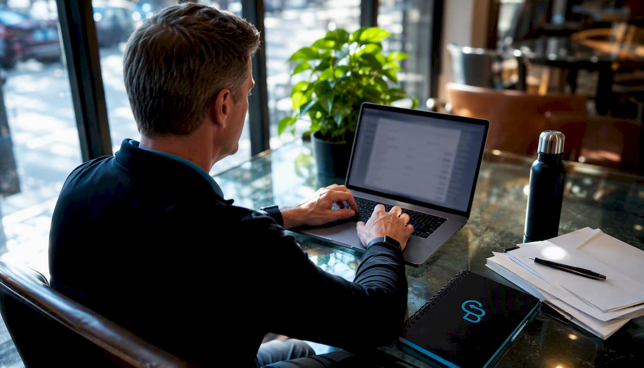 Close-up hands typing at desk with workflow notes