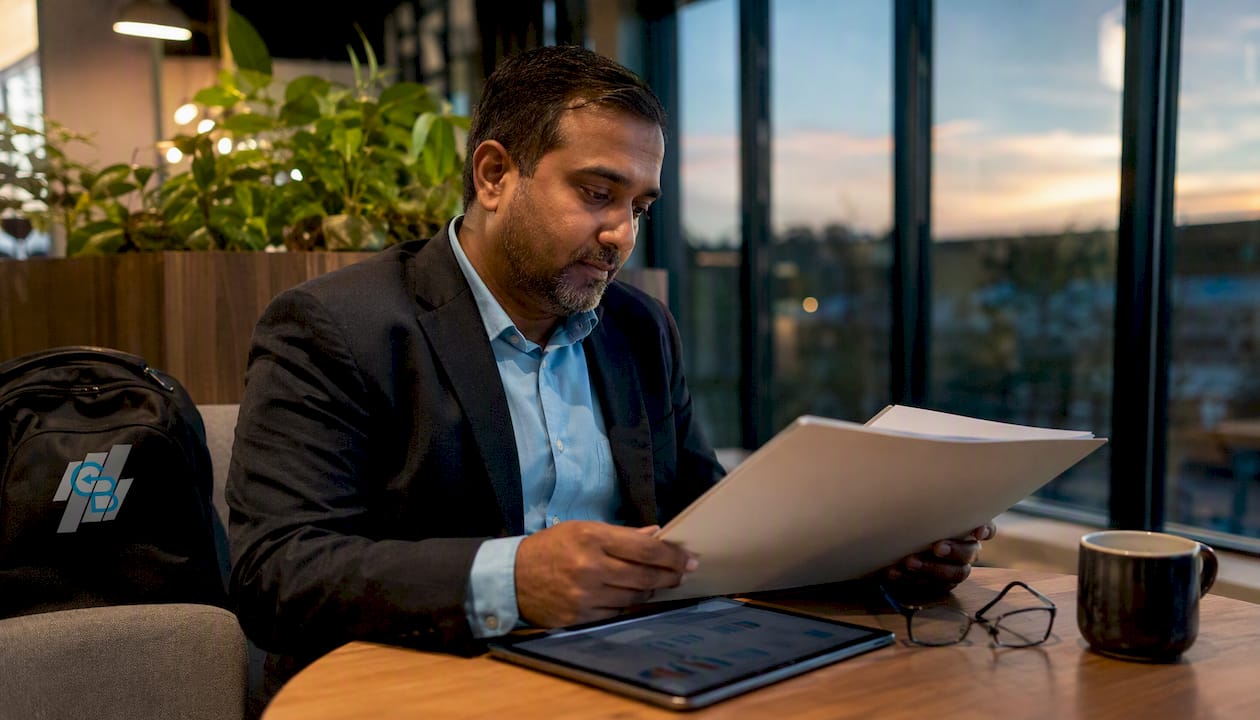 Agent reviewing AI CRM options with documents