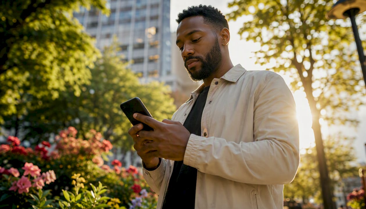 Sales agent holding smartphone in front yard