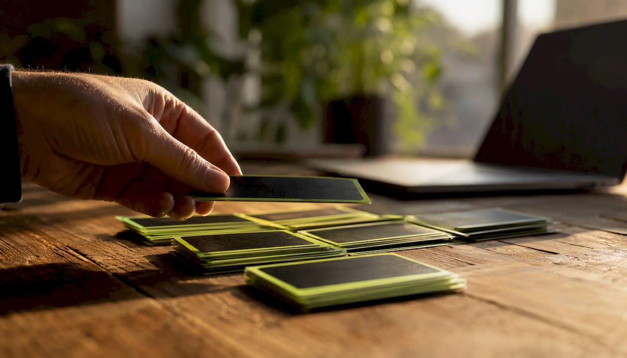 Hand arranging printed email subject line cards