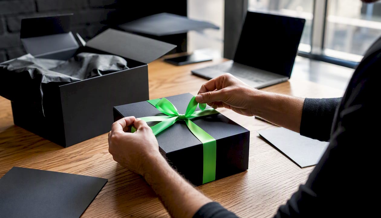 Hands packing referral reward gift box