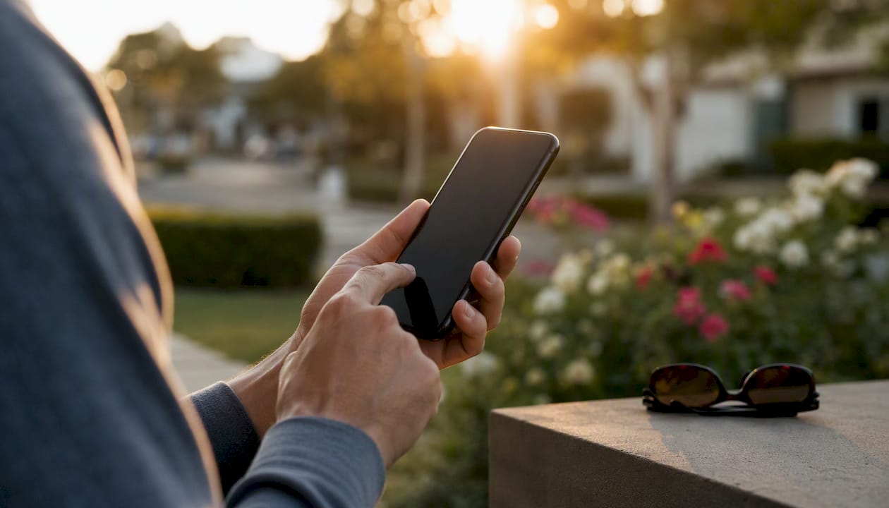 Hand holding smartphone for mobile CRM outdoors