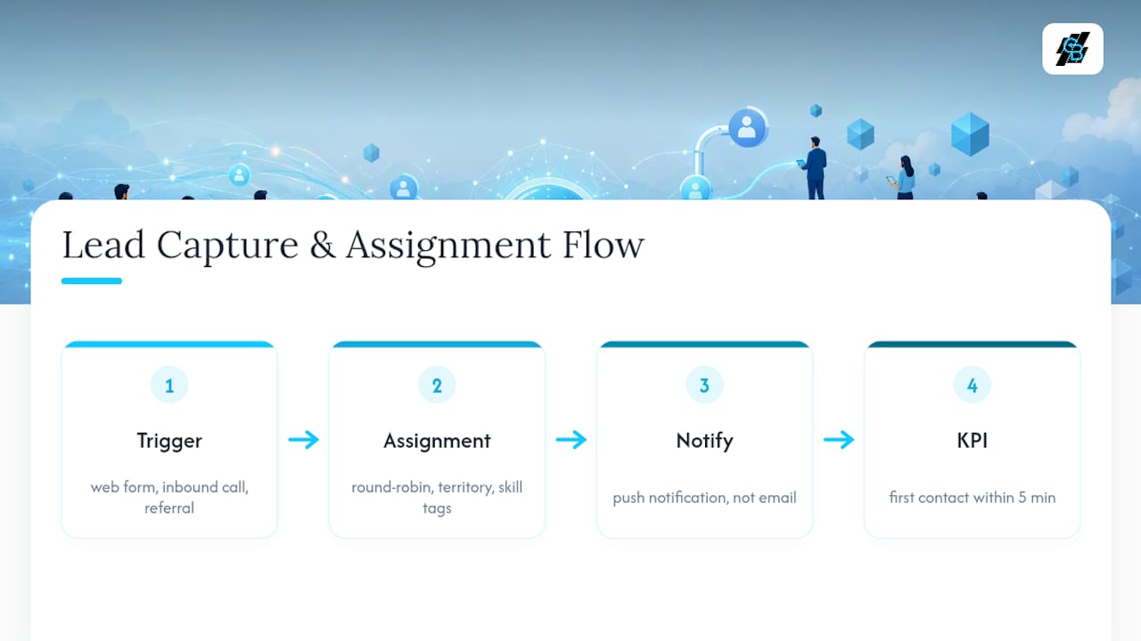 Diagram illustrating insurance lead capture and assignment workflow