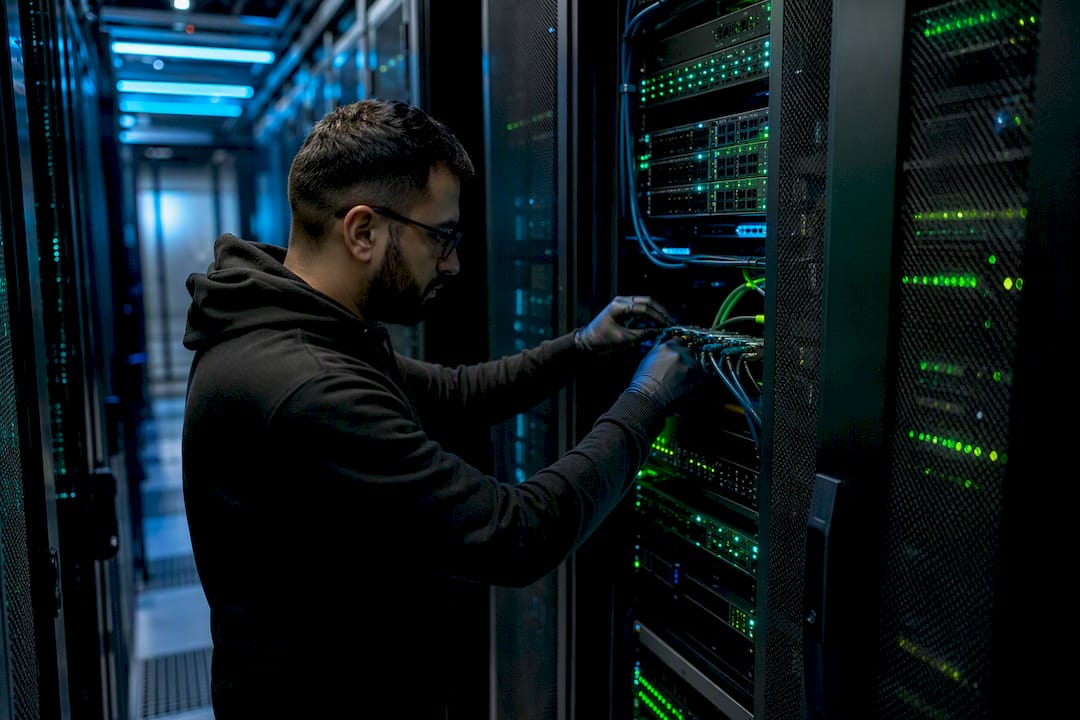 Technician connecting cable in neon-lit server room