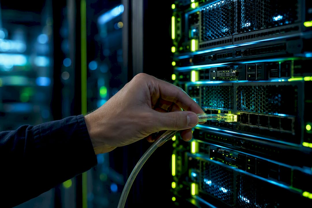 Hand connecting network cable in tech server room