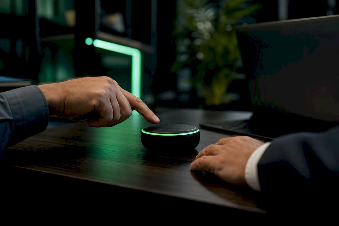 Hands adjusting AI assistant device