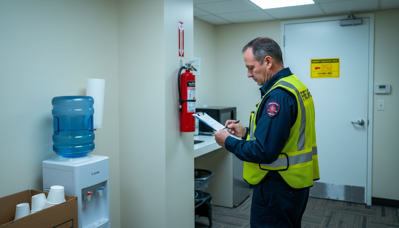 Fire safety inspector checking office extinguisher