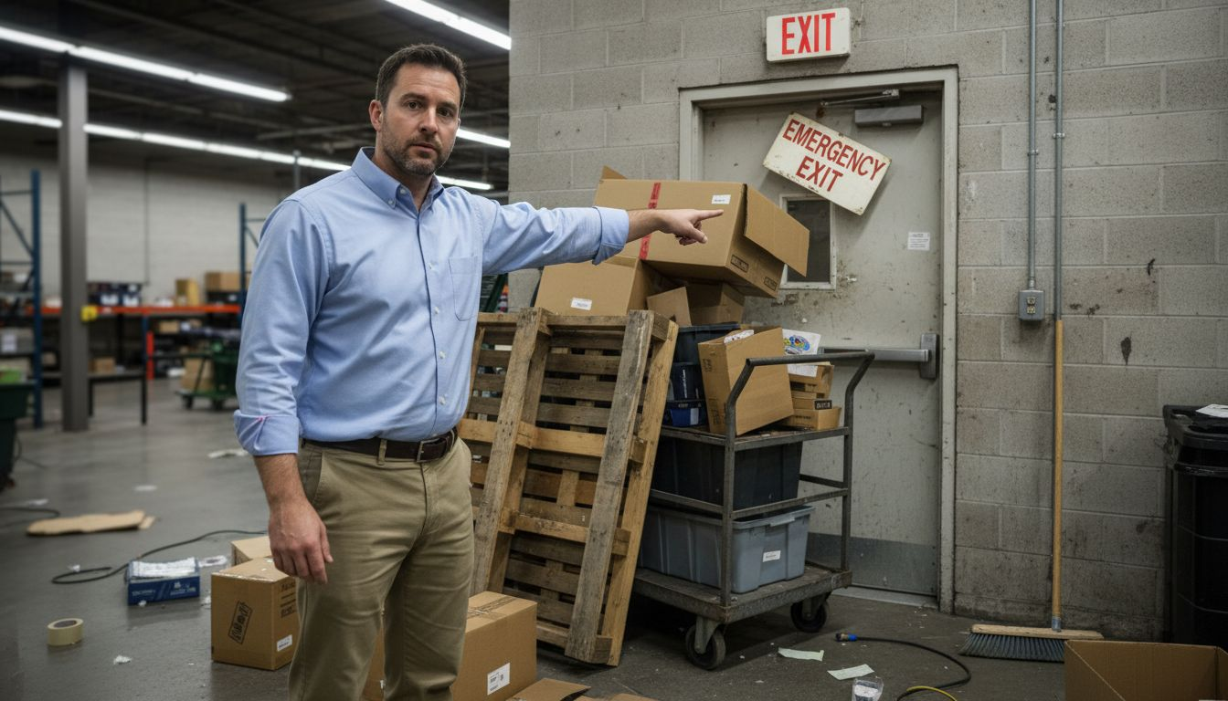 Manager highlighting blocked fire exit in warehouse