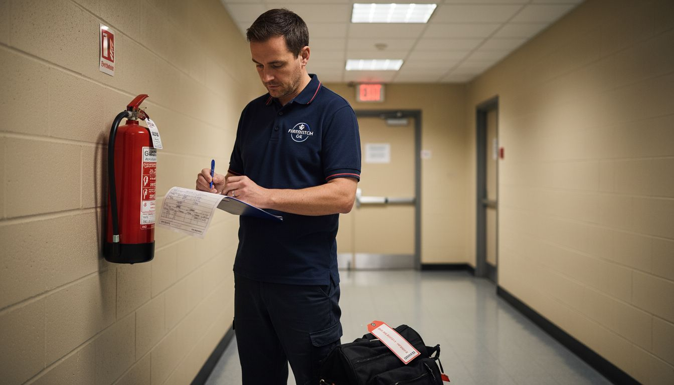 Inspector checks fire extinguisher documentation in hallway