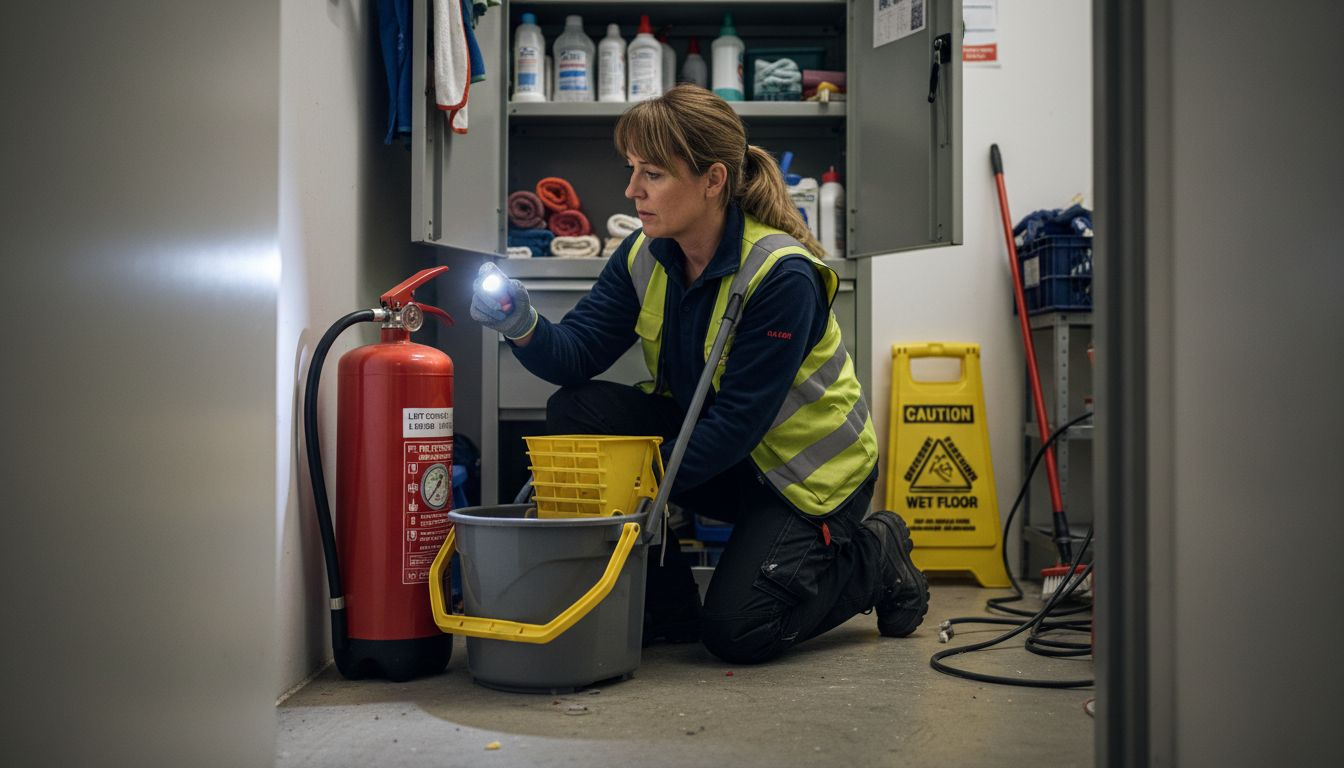 Manager inspects fire extinguisher for defects and access