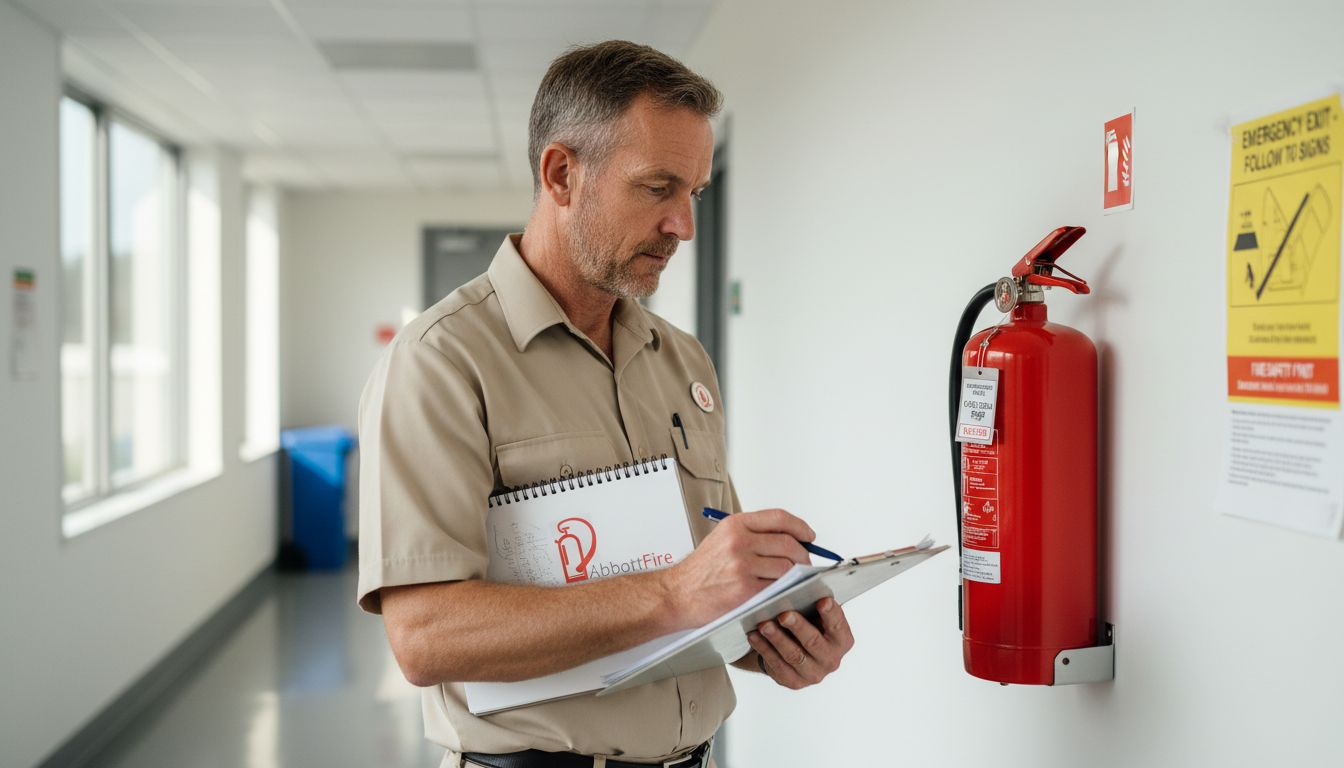 Facility manager inspects office fire extinguisher