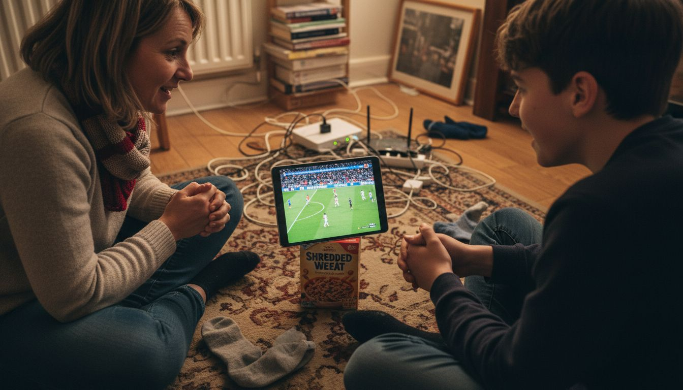 Family streaming live match on tablet at home