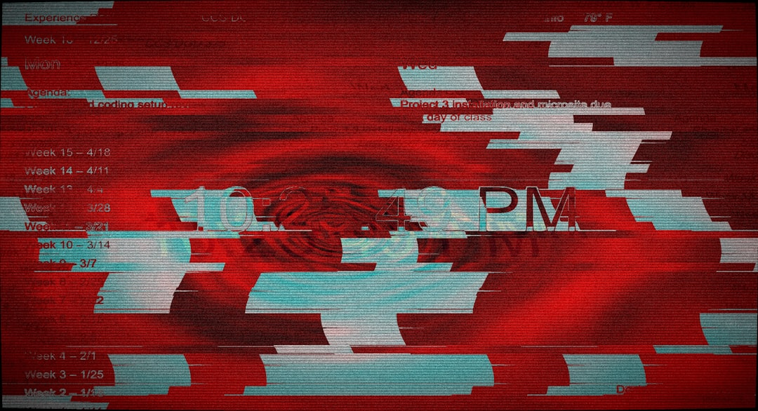 Glitchy red background with digital artifacts and text elements.