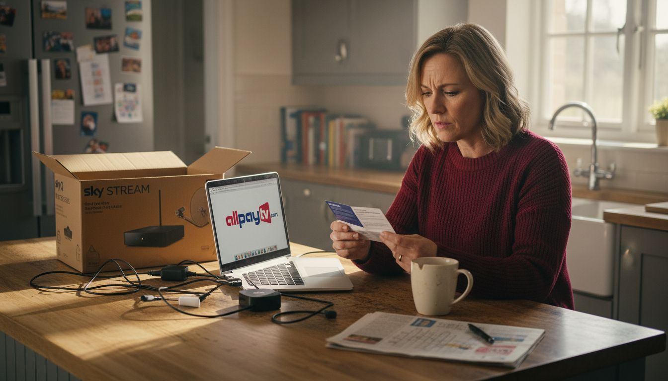 Woman comparing streaming device and satellite kit