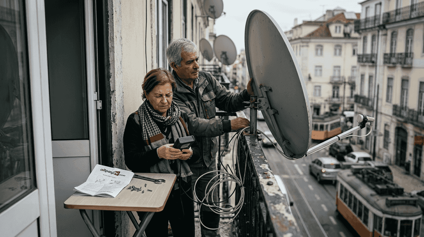 Expats adjusting satellite dish on balcony