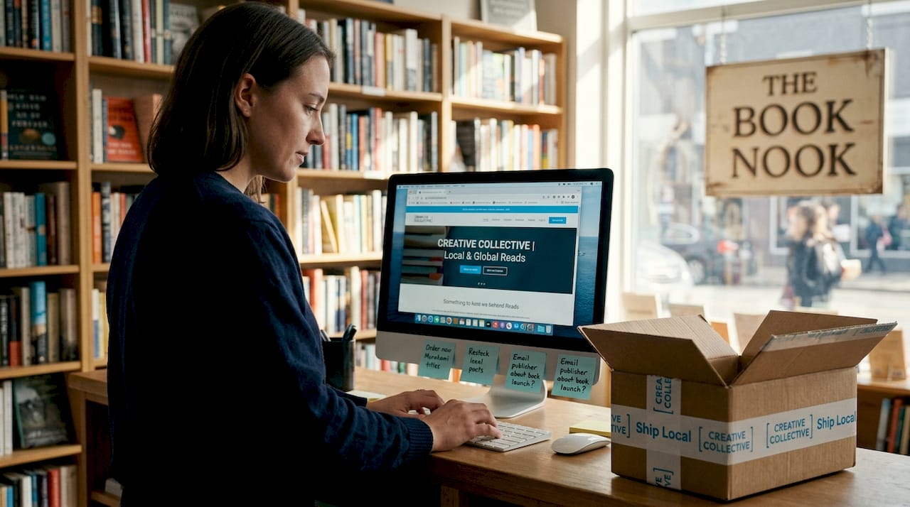 Bookstore owner updating website behind counter