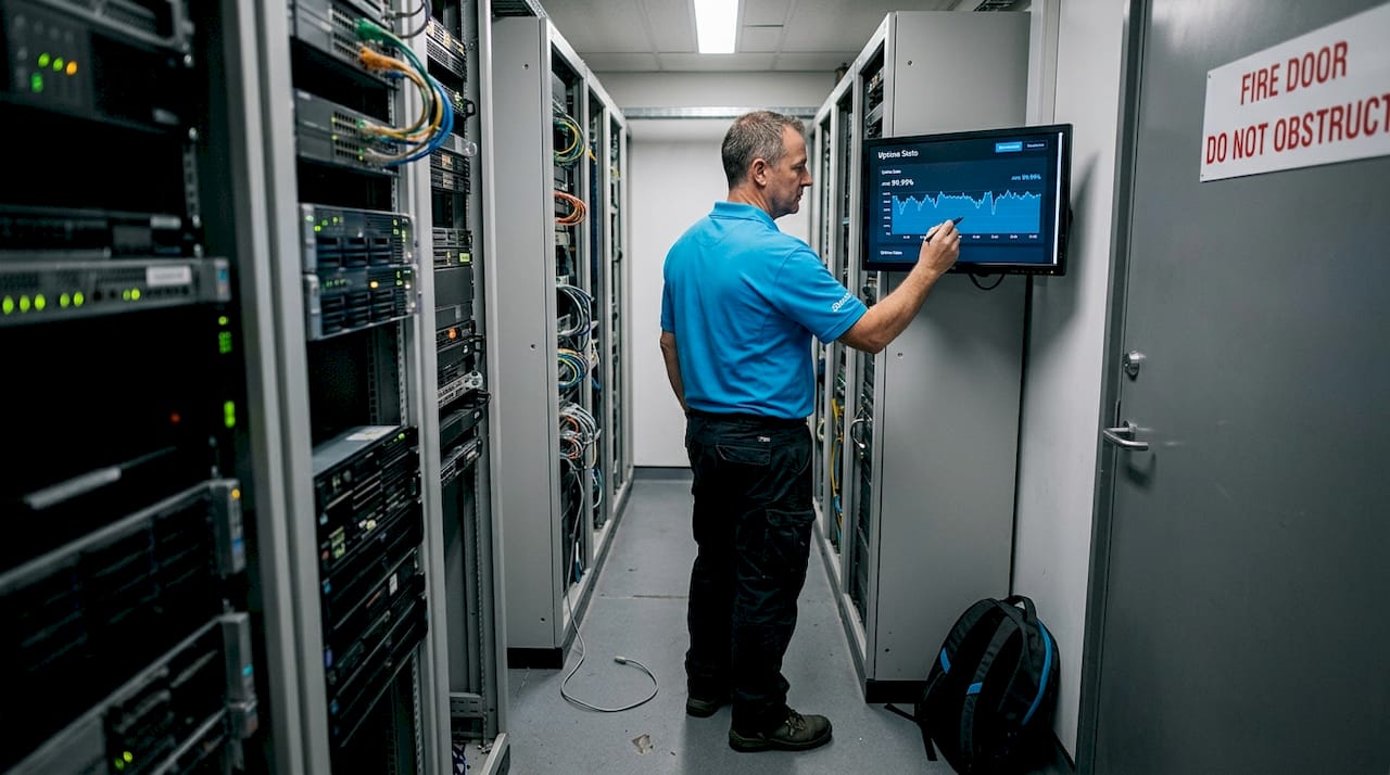 Technician checks server uptime display in server room