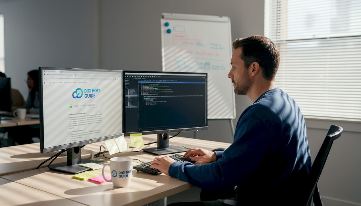 IT professional reviews SSL certificate on dual monitors