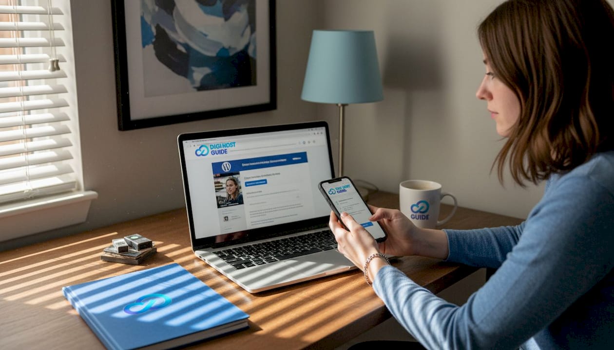 Beginner setting up WordPress in home office scene