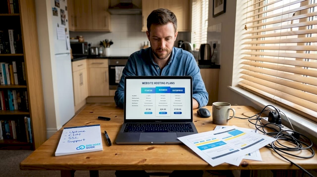 Man compares hosting plans at kitchen table