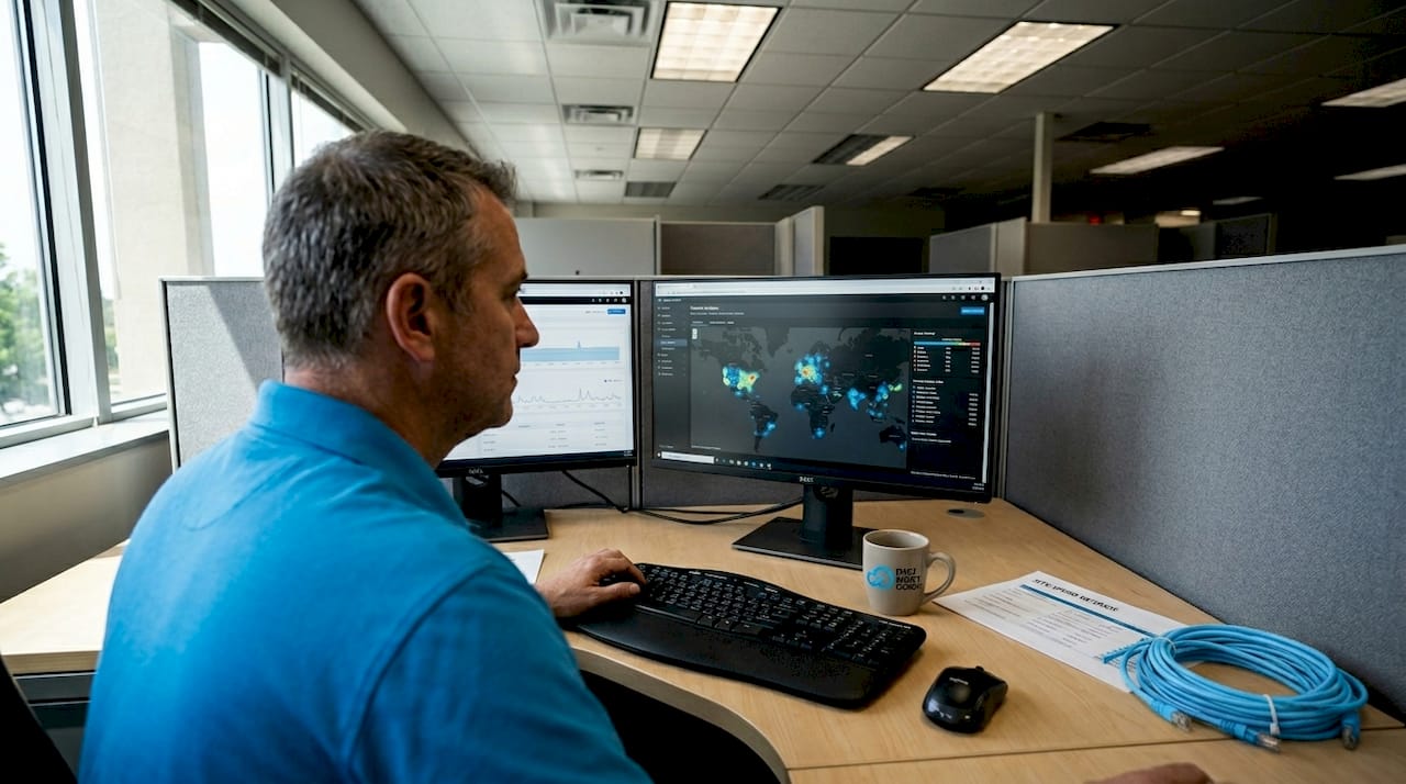 Technician checking server speed metrics in office