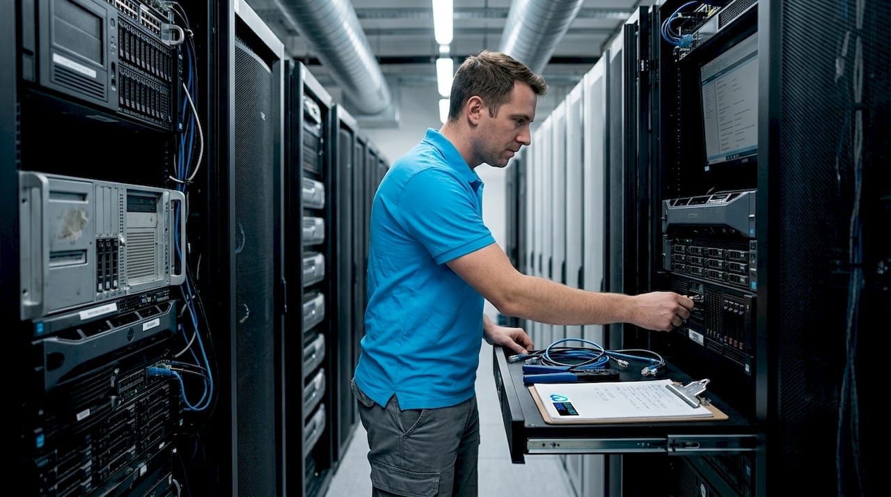 IT administrator inspecting server hardware rack