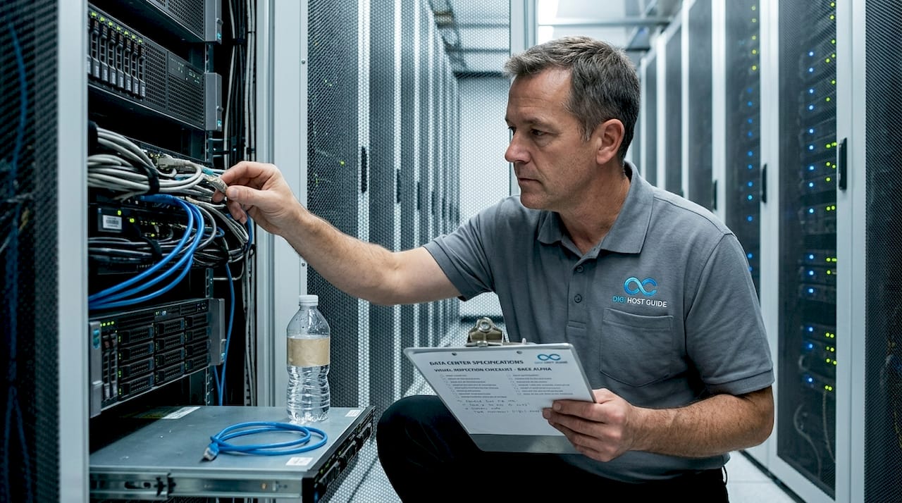 Technician reviewing hosting options in data center