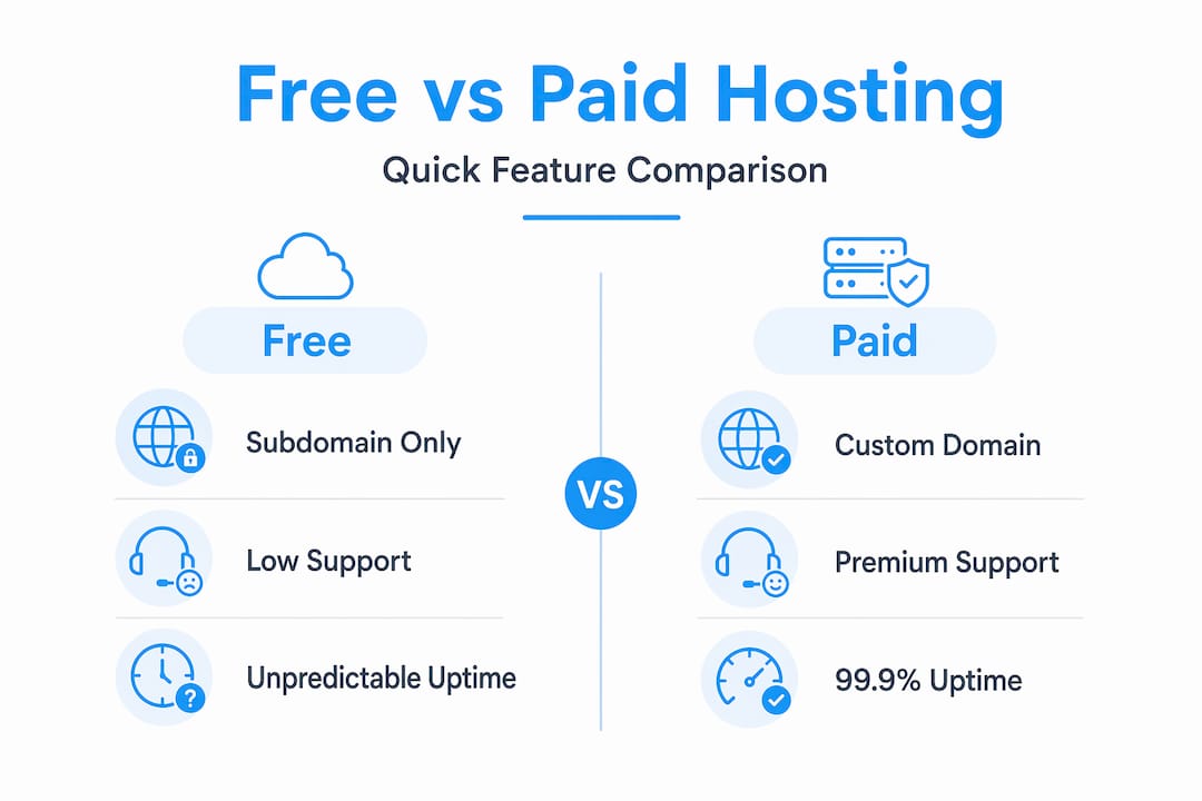 Infographic comparing key features of free and paid hosting