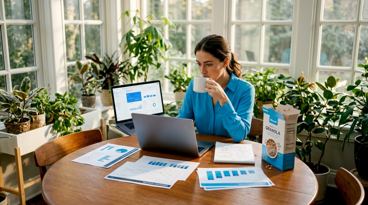 Woman reading hosting traffic analytics at kitchen table