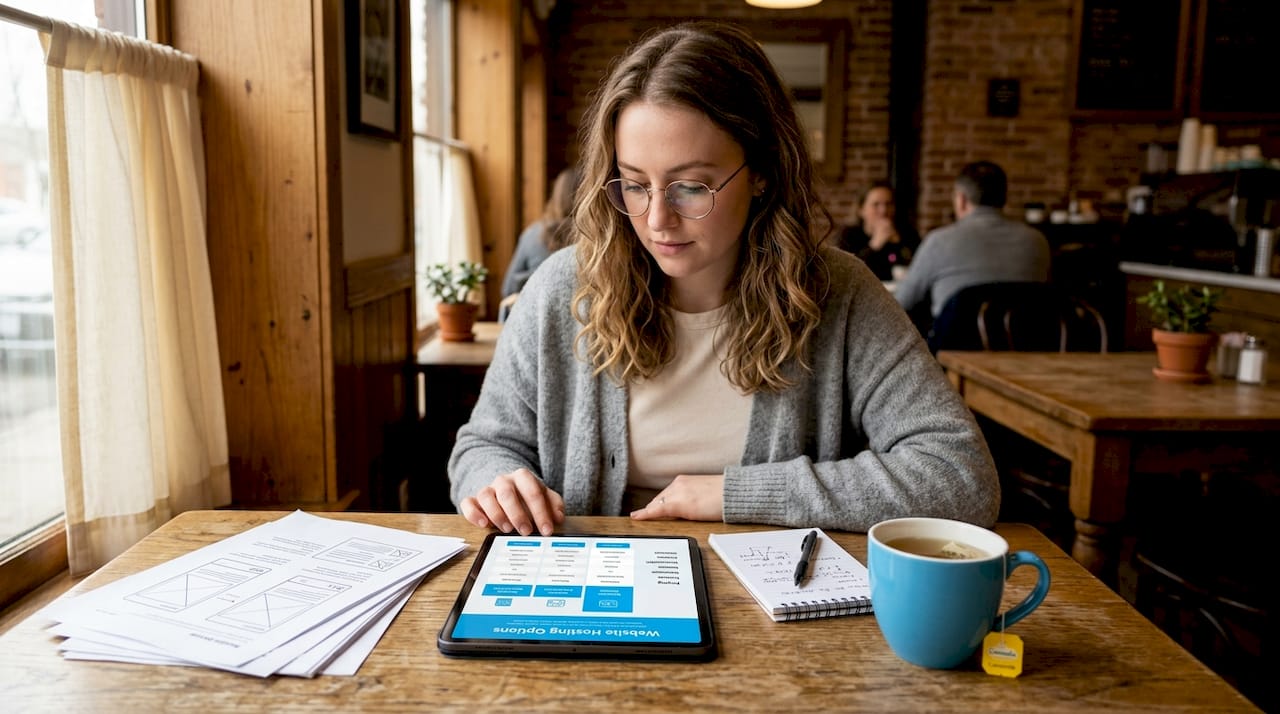 Small business owner comparing hosting services at kitchen table