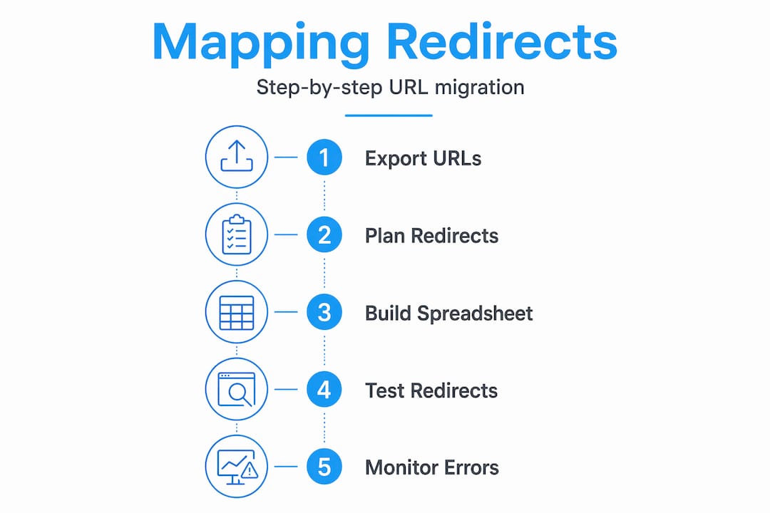 Infographic showing steps for URL redirect mapping