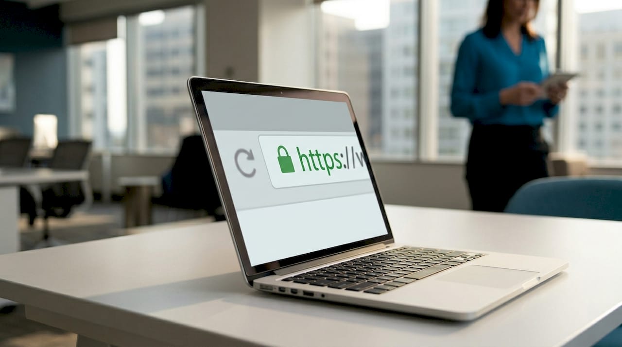 Laptop browser showing secure HTTPS padlock icon