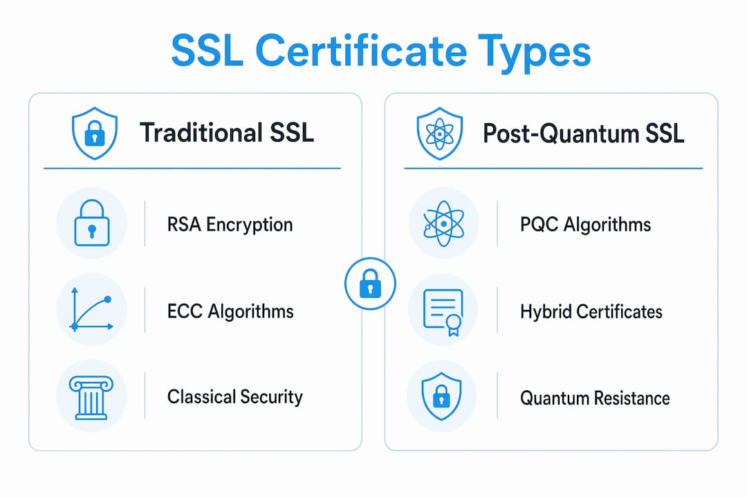 Infographic comparing traditional SSL and post-quantum SSL features